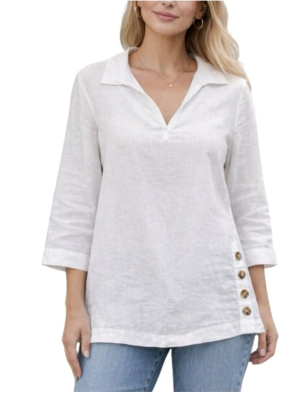TAHARI White Linen V-Neck Button-Accent Tunic 2X Lagenlook Popover Resortwear